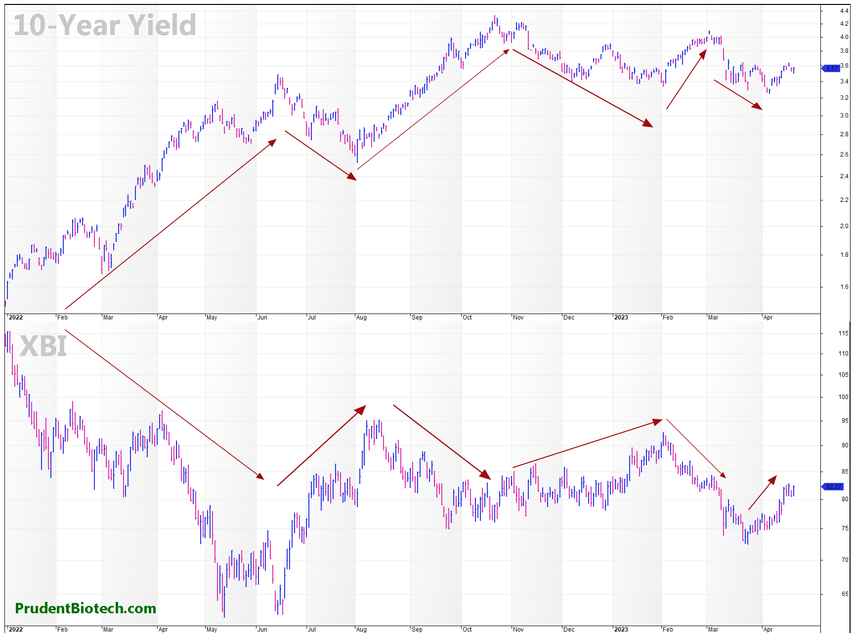 PrudentBiotech.com, Negative Correlation between 10 year Yield and S&P Biotechnology Index (XBI)
